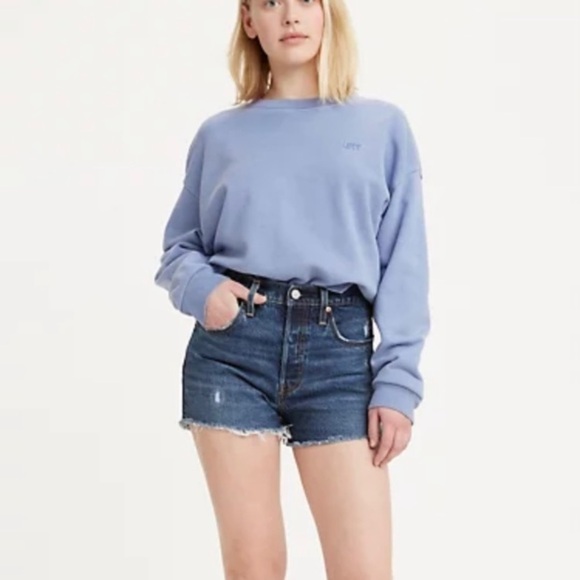 LEVI’S 501 Button Fly High Rise Cut Off Blue Jean Distressed Denim Shorts - Picture 1 of 10